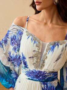 ZEYLAH WOMEN'S FLORAL PRINT COLD SHOULDER LANTERN SLEEVE PLEATED DRESS - Blue and White - View 1