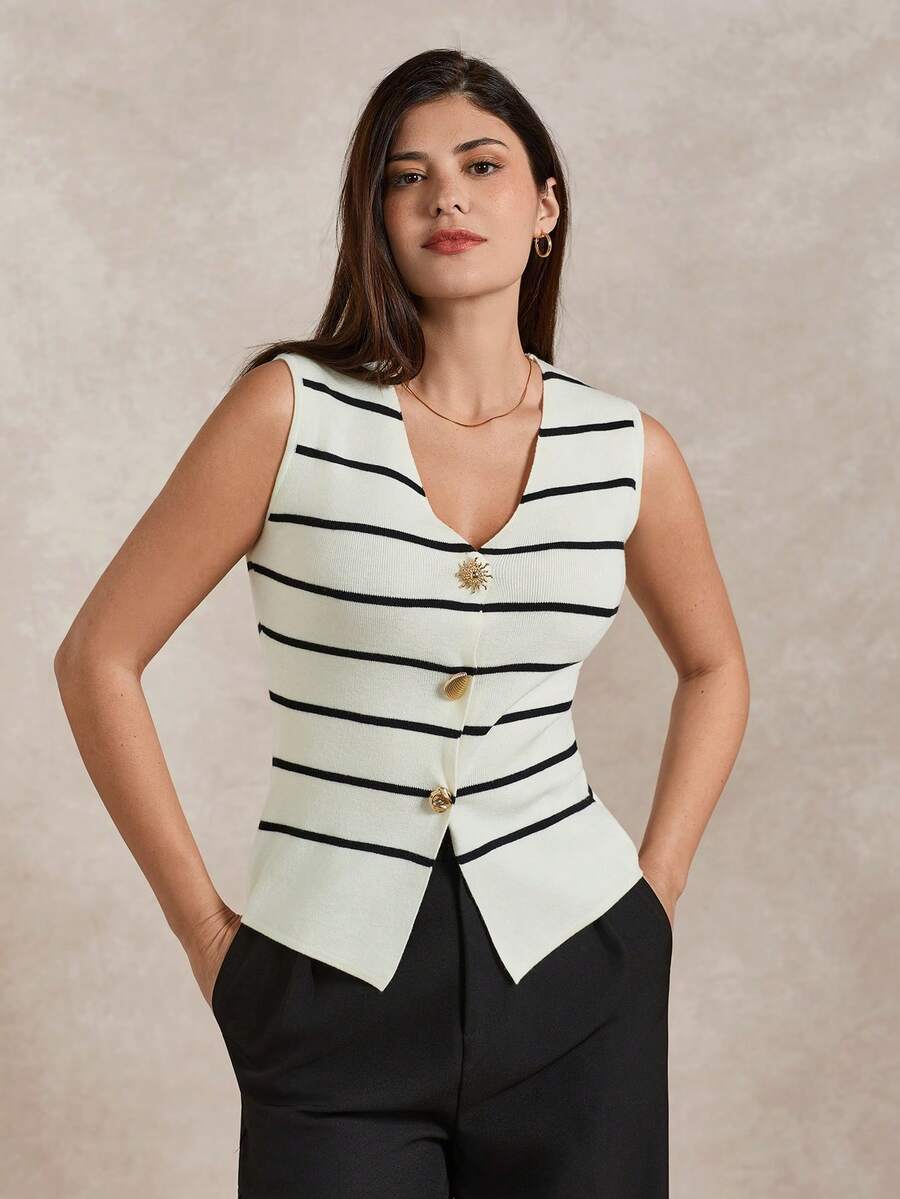 Briarwyn Women's Casual Commuter Sleeveless Striped Knit Top, Summer,White Top,Graduation Outfit,Graduation Ceremony Women's Vest Tops Women's Tops And Blouses Women's Tops For Summer Women's Tops Yacht Outfit Women - White - View 1