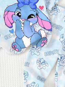 SHEIN 两件套可爱卡通蓝色兔子露露和史迪奇印花扎染海洋蓝，少女休闲简约圆领短袖T恤和打底裤套装，适合春夏日常、街头风、度假穿着。 - 彩色 - 查看 7