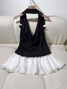 Resyla 新款时尚露背荷叶边无袖西装外套，黑白法式休闲优雅女式衬衫 - 黑色 - 查看 2