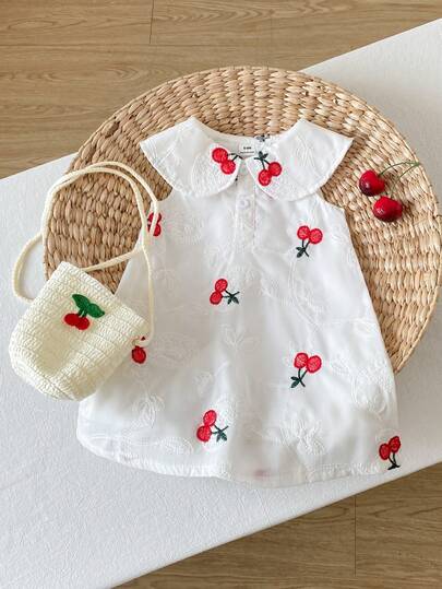 Playful Pals 1pc Baby Girls Peter Pan Collar Sleeveless Fruit & Cherry Embroidery White Casual Dress With Crossbody Bag, Suitable For Summer Daily Outings, Travel, Photography And Other Occasions