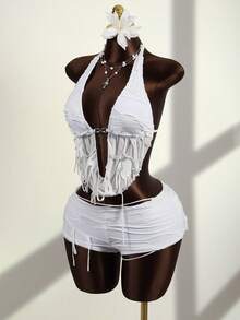 Zestiva Vacation Tassel Halter V-Neck Crop Top 2 Pieces Set, Suitable For Beach Vacation, Party - White - View 3