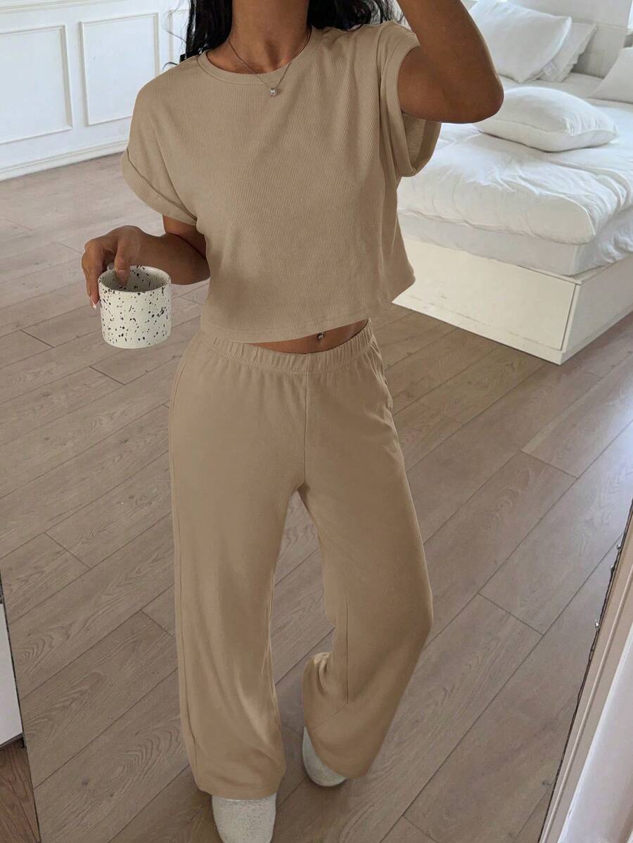 SHEIN EZwear Conjunto de punto informal de color caqui para mujer, primavera/verano - Caqui - Ver 1