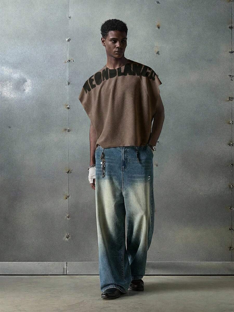 NEON BLANC 男士街头时尚白色针织圆领字母印花针织背心，适合夏季穿着 - 咖啡棕 - 查看 1