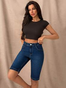 SHEIN Cottnline Slim Fit Mid-Length Denim Shorts, - Dark Wash - View 4