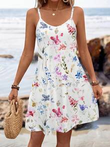 Sylviya Đầm ngắn dệt kim hai dây họa tiết hoa giản dị dành cho nữ, thích hợp cho mùa hè, đầm hè in hoa. - Nhiều màu - Xem 4