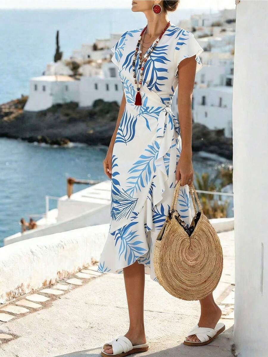 SHEIN Holidaya Vestido de mujer con cuello en V, manga corta, volantes en el bajo y bajo asimétrico con estampado (estampado asimétrico) - Azul y blanco - Ver 1