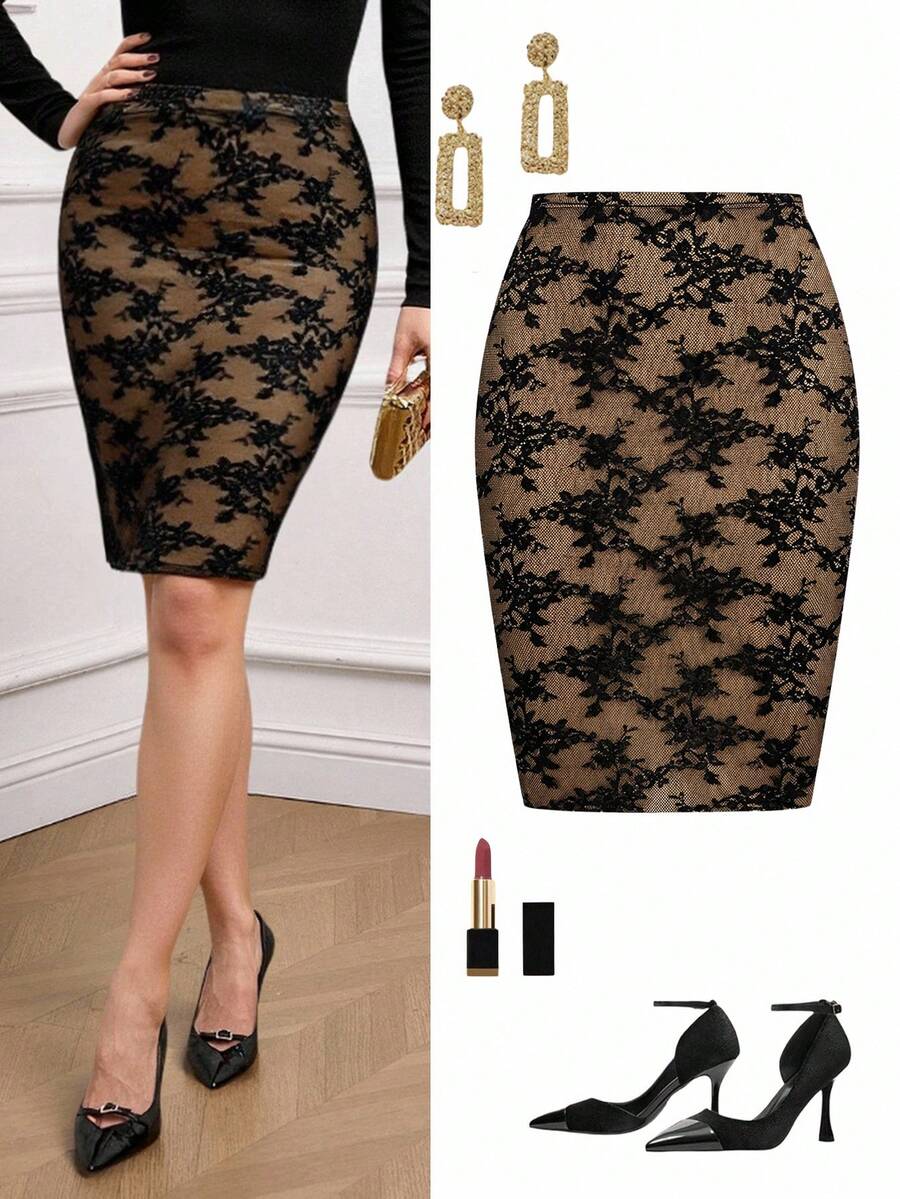 Ellevyn Falda ajustada romántica y elegante con encaje para uso diario - Negro - Ver 1