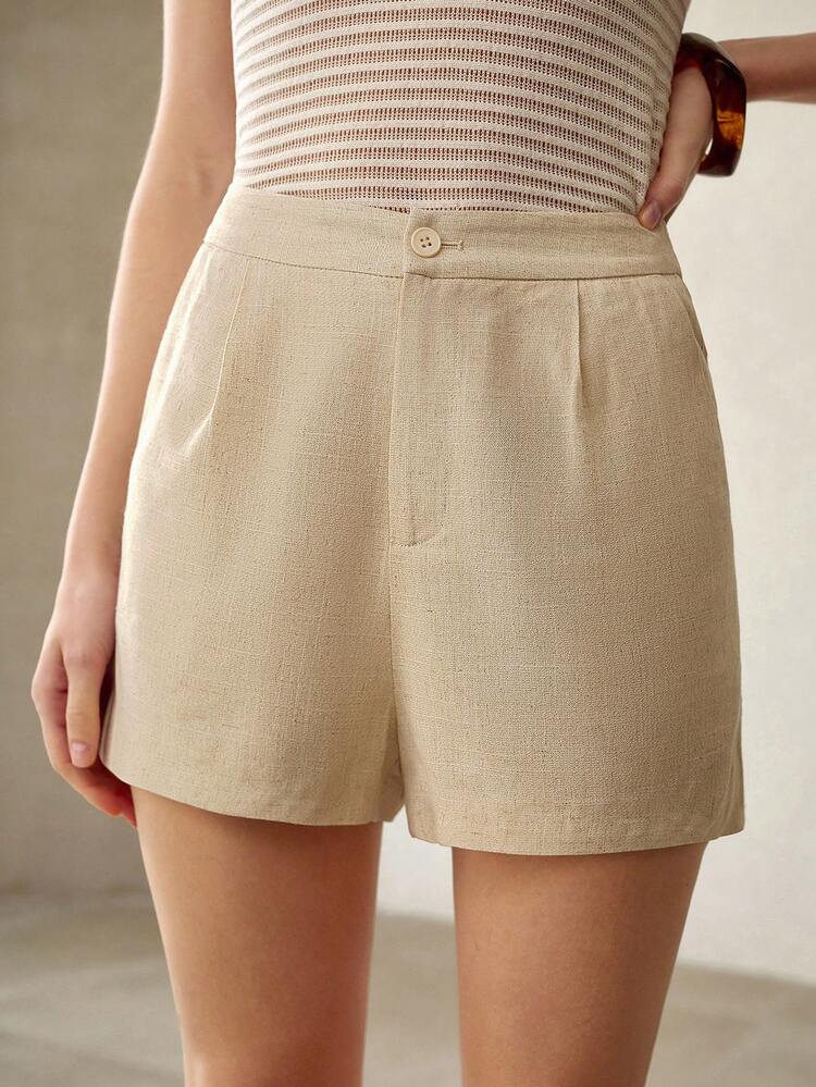 GLITTERY GOLD LINEN BLEND CASUAL SHORTS FOR WOMEN