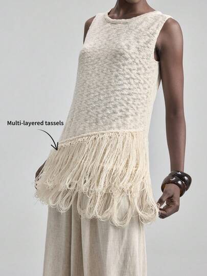 Ontre Women's Casual Sleeveless Knit Top With Fringe Hem, Spring/Summer Vacation Outfits Women Fringe Blouse For Women White Top Beach Clothing, All Season  Ins Celebrity Same Style Vacation Style, Exotic Atmosphere, Country Concert, Western Style Clothing, High-Grade Fabric, Comfortable And Breathable Bohemian Style Vacation Wear All Season Modern Urban Casual Fashion Business Casual Women's Office Wear Low-Key Old Money Style Effortless Temperament High-End Urban Commuting High-Quality Airport Women
