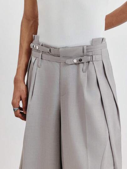 TOKVUE 男士灰色长裤，高腰褶裥直筒阔腿裤，腰部装饰配饰，时尚百搭男士阔腿裤，灰色高腰宽松裤，男士正装裤