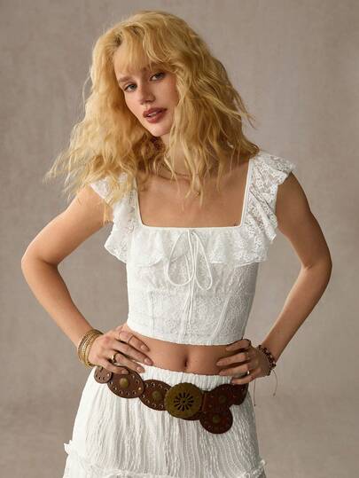WESTFADE Square Neck Tie Front Ruffle Flutter Sleeve Bustier Corset Style Crochet Lace Crop Top Spring, Summer, Resort Wear, Casual, Coastal, Cowgirl, Boho, Vacation, Beach, Festival, Western Wear, Nashville, Rodeo Outfit, Country Concert