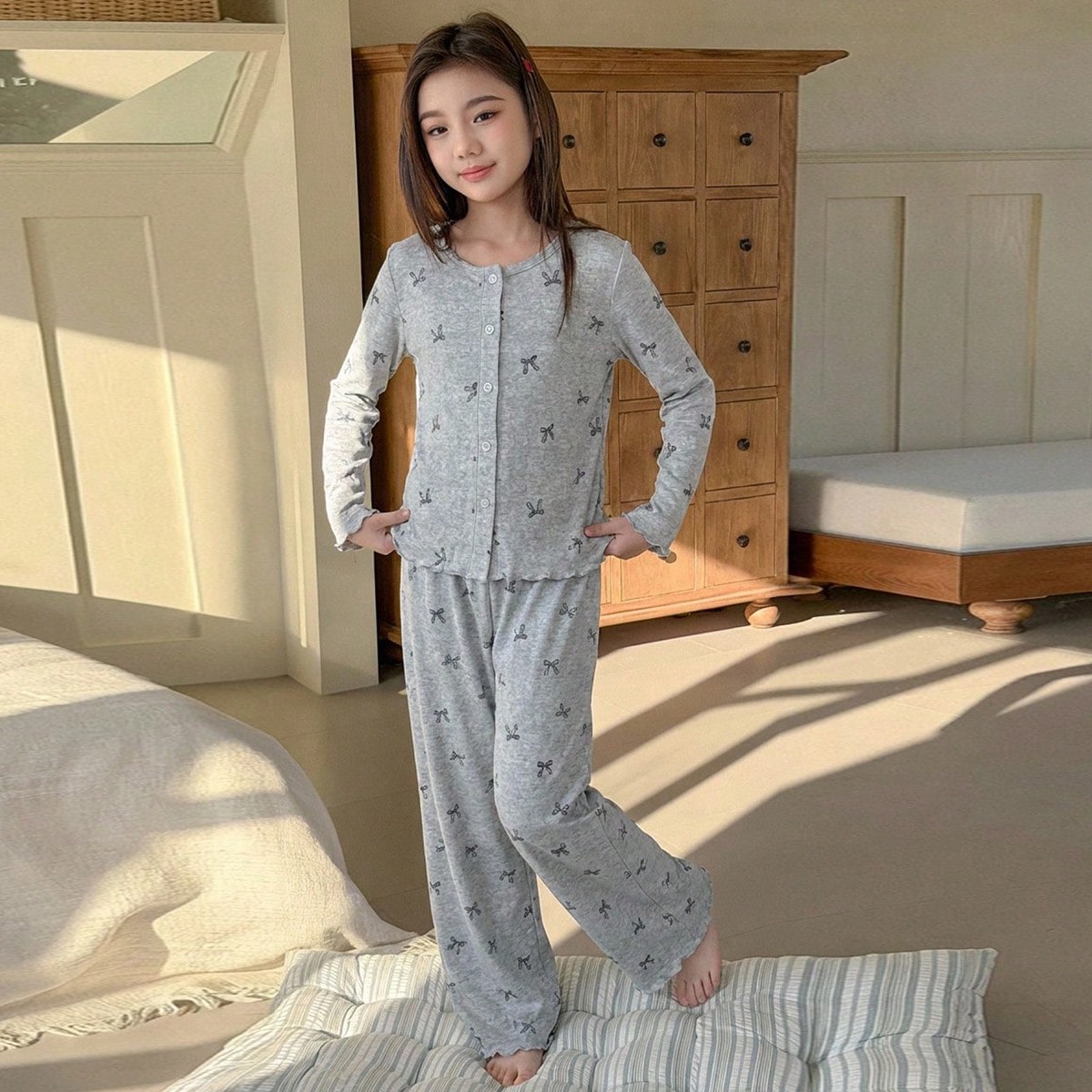 Tween Girl Butterfly Print Long Sleeve Button-Up Top, Camisole And Pants Pajama Set Summer