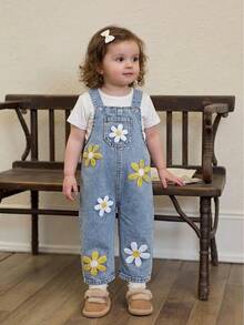 SHEIN Baby Girls' Denim Cute Overalls, Embroidered Detailed Craftsmanship, Suitable For Baby Girls All Seasons - Light Wash - View 3