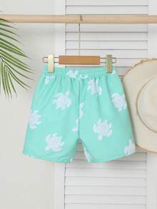 SHEIN Toddler Boys' Green Sea Turtle Pattern Cute Beach Swim Trunks - Multicolor - View 2