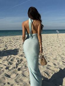 Sunnyshic Women's Light Blue Metallic Fabric Fitted Deep V-Neck Hollow Halter Starfish Design High-End Elegant Sweet Sexy Party Date Romantic Vacation Maxi Dress - Baby Blue - View 2