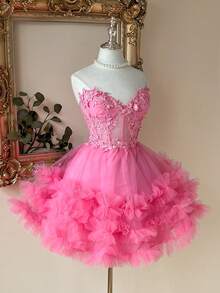 Lovelzi Elegant Lace & Satin Patchwork Handmade Embroidered Applique Waist Cutout Fitted Short Dress, Suitable For Dates, Singles Parties, Galas, Balls - Pink - View 5