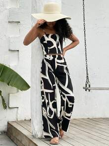 SHEIN Tween Girl Casual Printed Camisole Set, Tween Girl - Black - View 3