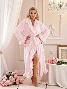 1pc Women's Super Soft Ruffle Hem Thick Fleece Robe, Ruffle Hem Fashion Robe With Side Pockets, Warm Long Bathrobe, Plush SPA Robe, Loungewear, Sleepwear - Multicolor - View 12
