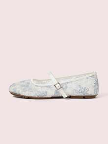 CUCCOO DOLLMOD Women's Shoes Fashion Round Head Flower Embroidery Word With Mary Jane Flats Cute And Sweet - Blue and White - View 2