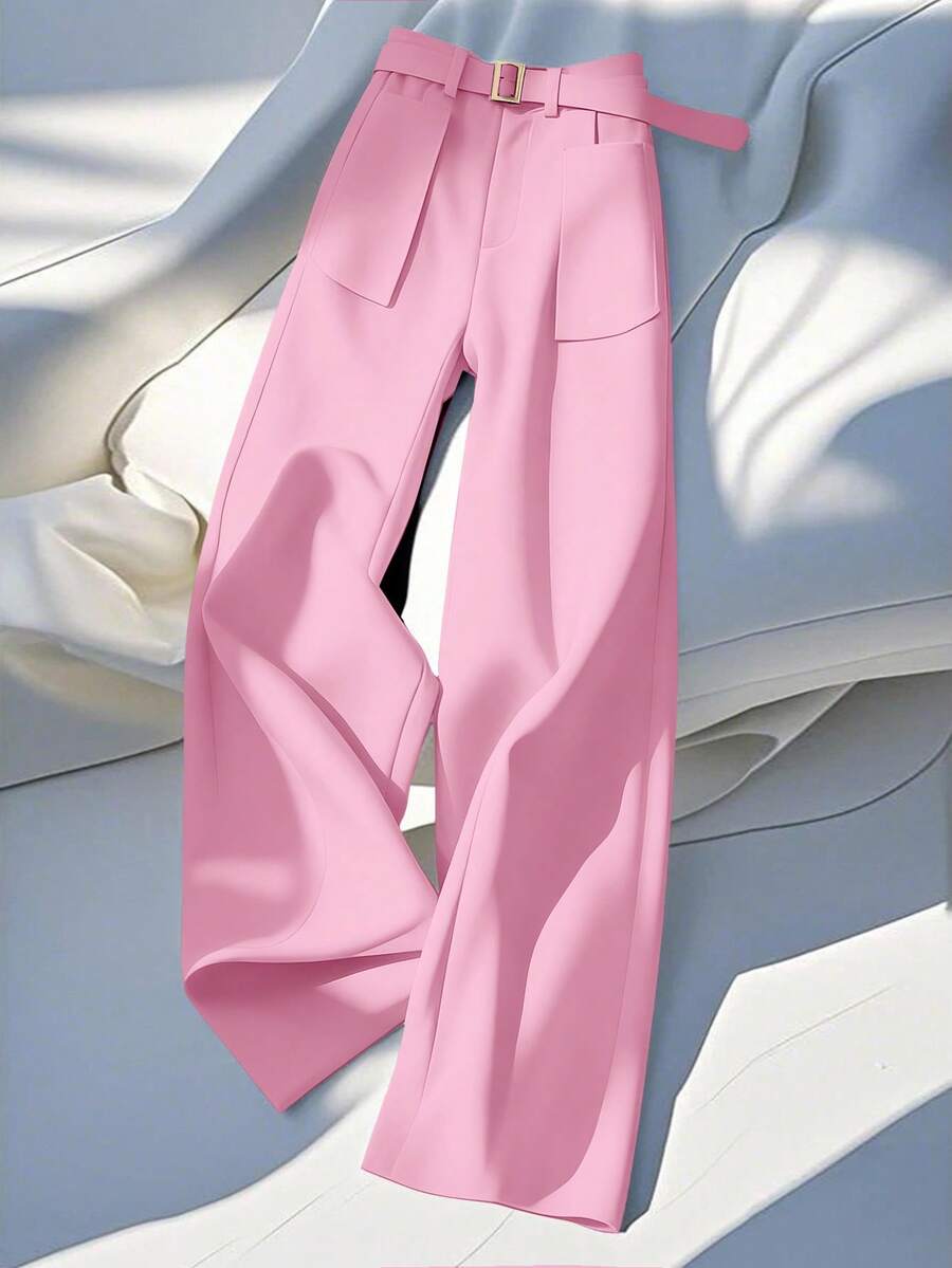 GlowEve Elegant Women's Wide Leg Pants With Pocket Decoration And Waist Cinching - Party Punch - View 1