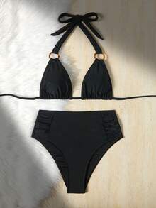 Swim Lushoire 女士新款纯黑色露背性感优雅度假前卫简约派对圣诞两件式泳衣 - 黑色 - 查看 8