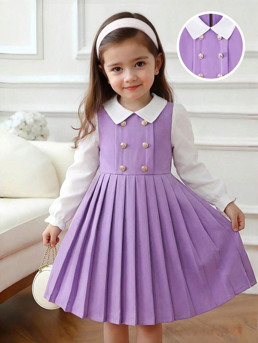SHEIN Elladie kids 女童藏蓝色彼得潘领双排扣褶裥下摆长袖两用连衣裙，适合休闲、优雅、通勤、校园等场合。 - 淡紫色 - 查看 1