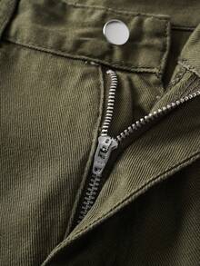 Manfinity Joysei Pantalones vaqueros cargo de pierna ancha con bolsillo con solapa de unicolor, estilo minimalista y casual para hombres - Verde militar - Ver 4