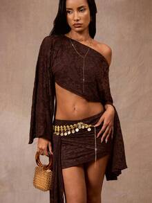 Opulessa 纯色针织蕾丝不对称肩部上衣和迷你裙两件套，适合春夏度假 - 棕色 - 查看 7