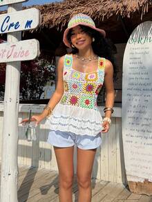 SHEIN EZwear 女士彩色钩针花卉拼接无袖背心，适合度假穿着 - 彩色 - 查看 4