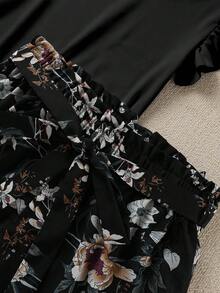 SHEIN LUNE 大码纯色荷叶边袖上衣和印花短裤两件套夏季女士休闲度假套装。 - 彩色 - 查看 5