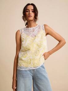 LOTSLUV 女士白色玫瑰纹理面料和黄色吊带无袖半透明上衣，春夏款 - 白色 - 查看 1