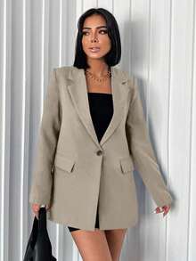 EURMUSE Women's Minimalist Commuting Workwear Solid Color Peak Collar Flap Detail Blazer - Krem - View 3