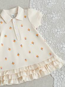 SHEIN Summer Baby Girls' Knitted Polo Collar Short Sleeve Casual Cute Dress, Straight Silhouette With Rainbow All-Over Print And Ruffle Hem Design - Yellow - View 6