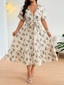 Easura Plus Size Floral Print Ruffle Hem Dress - Apricot - View 4