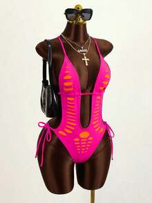 Zestiva 女士性感霓虹色镂空露背连体泳衣，波西米亚风沙滩派对夜店装 - 玫紅色 - 查看 4