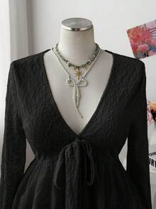 Sweetra 大码女式休闲通勤腰果花印花长袖T恤 - 黑色 - 查看 5