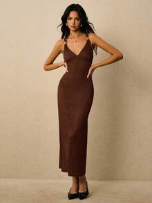Poéselle Women's Casual Elegant Textured Backless Dress, Summer - Coffee Brown - View 5