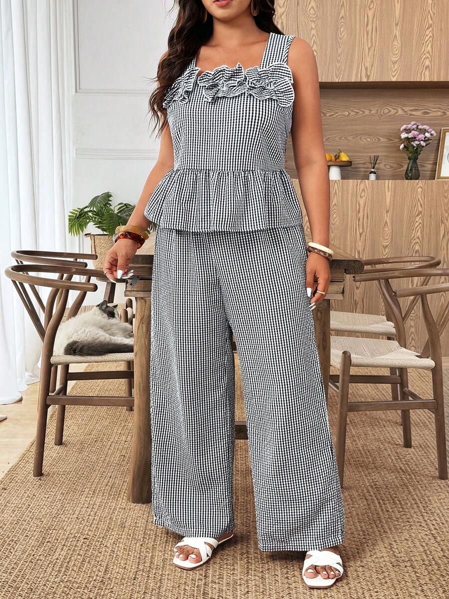 Weeklong Conjunto de 2 piezas de moda casual de primavera/verano, elegante y retro, de cuadros blanco y negro con diseño hueco de flores para ir al trabajo - Blanco y Negro - Ver 1