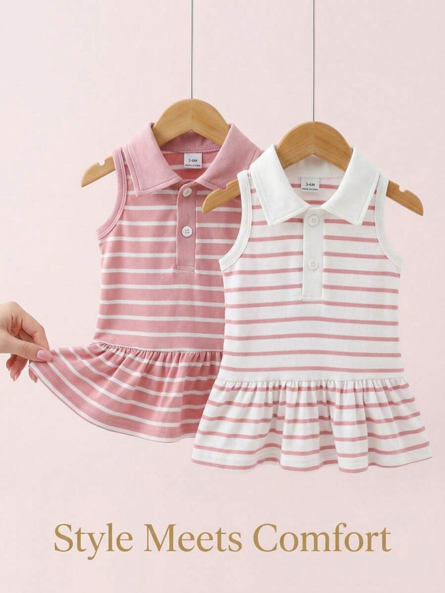 SHEIN 女嬰可愛粉白條紋翻領無袖洋裝學院風 夏季適用 春秋日常穿著 外出度假 - 淺粉色 - 查看 1