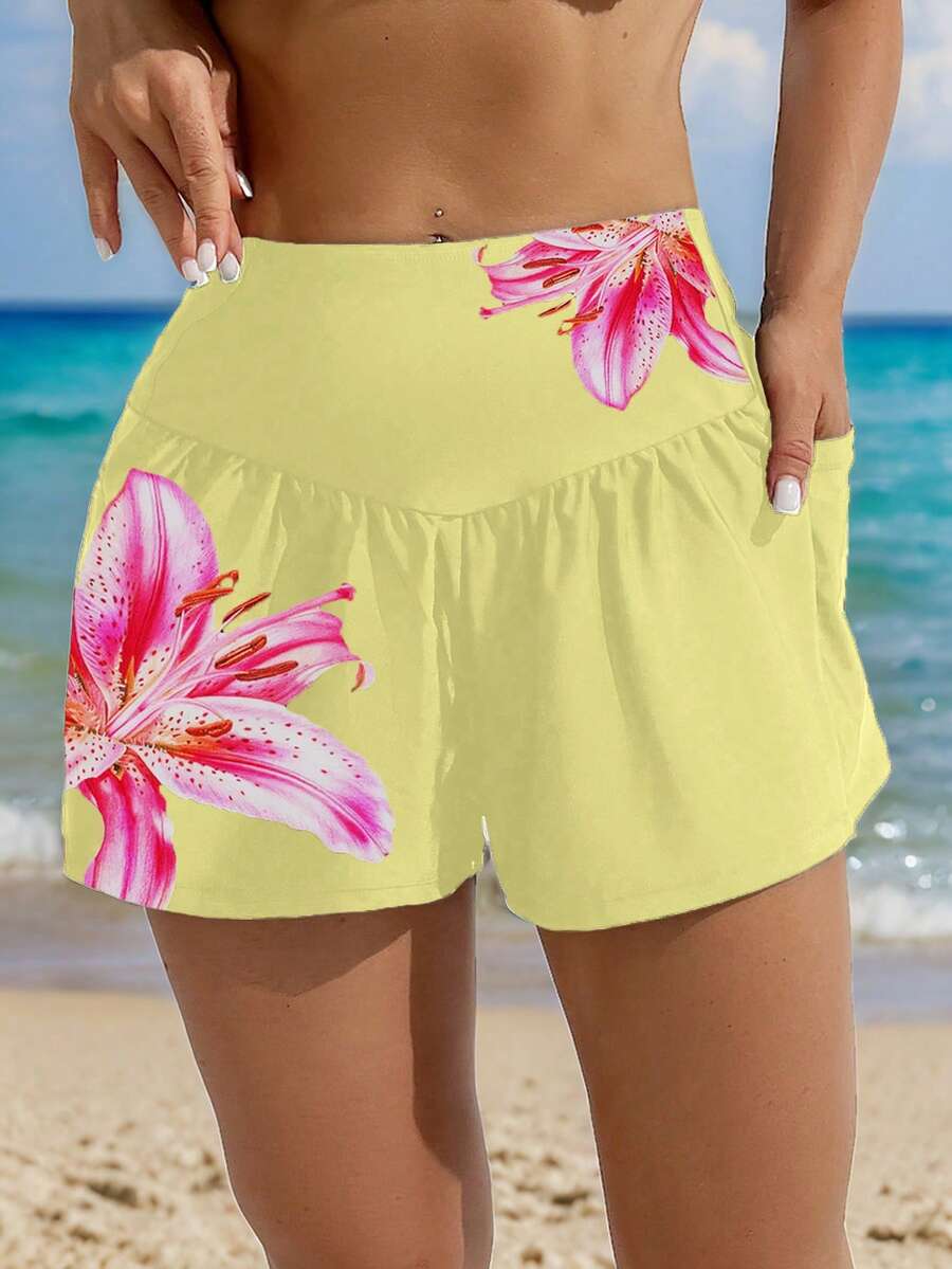 Swim Lushoire 女士宽松百合花印花口袋沙滩短裤，适合夏季度假，女士夏季短裤泳装短裤，女士春季短裤，女士短裤套装，女士度假夏季服装，女士沙滩装，女士休闲短裤，女士冲浪短裤 - 黃色 - 查看 1