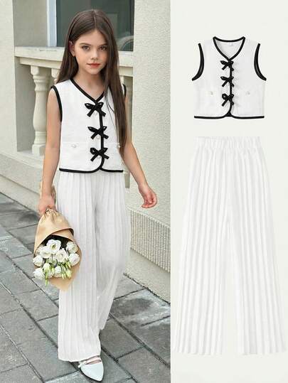 Young Girls Summer New Elegant V-Neck Sleeveless Crop Top + Pleated Loose Casual Pants 2-Piece Set, Suitable For Daily, Commuting, Outing And Vacation