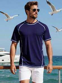CoralVoy 男士圆领短袖上衣，休闲百搭沙滩度假泳装防晒衣 - 藏蓝色 - 查看 4