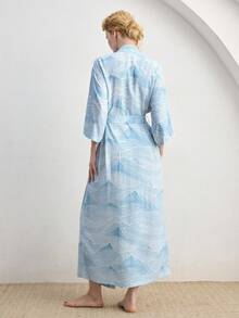 Ocili Leisure Comfortable Minimalist Chain Print Cotton Blend Mid-Sleeve Robe With Tie, Women Sleepwear Robe, Chic Autumn - Blue - View 3