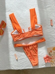Swim Vcay Conjunto de bikini estampado sexy para mujer, atuendo para vacaciones en la playa/piscina en verano - Naranja - Ver 3