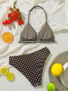 Brown Base Yellow Polka Dot & Plaid Reversible Tween Girls Swimsuit Set, Suitable For Summer Vacation, Swimming Pool, Beach Party - Multicolor - View 2