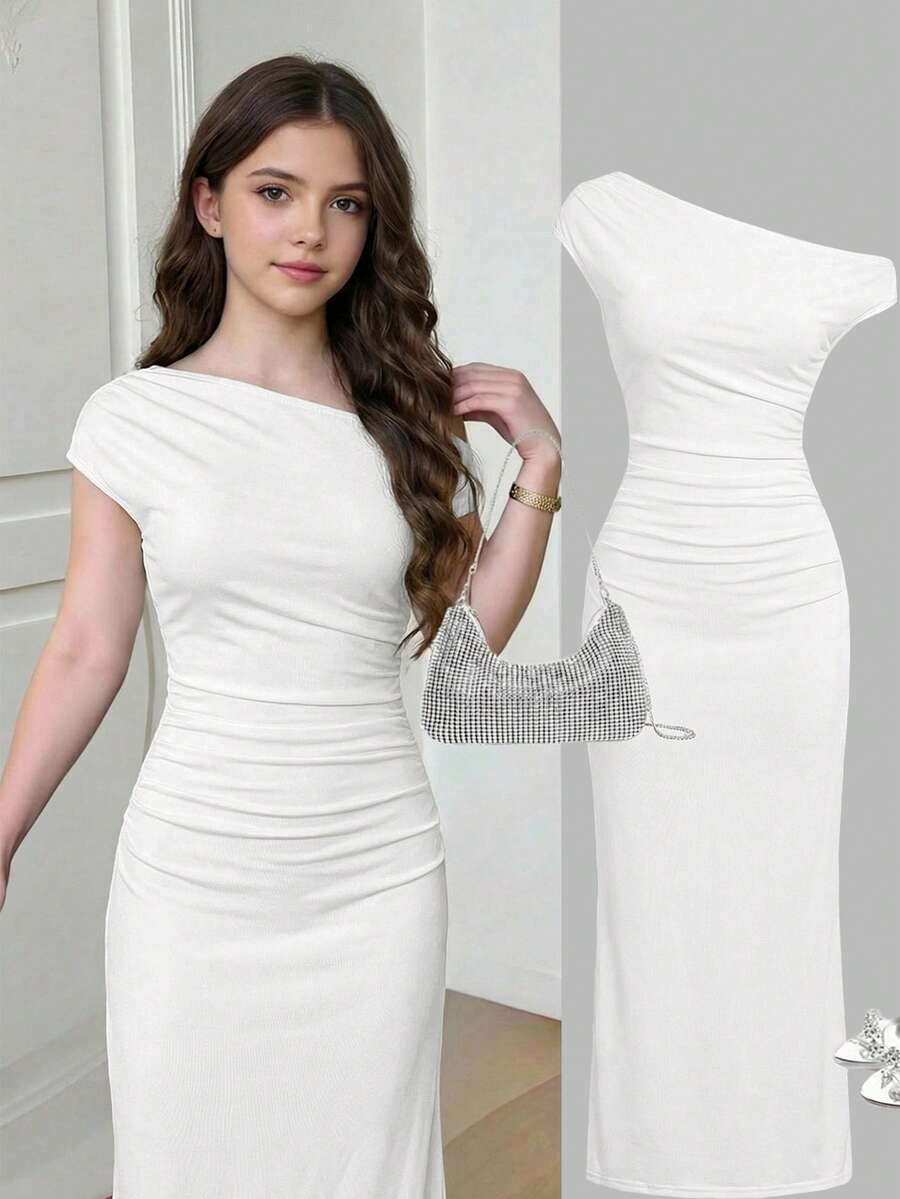 SHEIN Girlism Đầm dệt kim màu trắng cho bé gái tuổi teen, kiểu dáng tối giản, thanh lịch, ôm sát, vai lệch, xếp ly eo, thích hợp cho ngày Valentine. - trắng - Xem 1