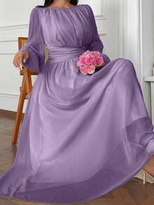 Vibekara Đầm dài đến mắt cá chân dáng chữ A, cạp cao, xếp ly, chất liệu chiffon Pháp thanh lịch, màu mơ, cỡ lớn. - Màu tím - Xem 4