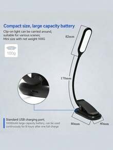 1PC USB Dual-Color Temperature Eye-Care Desk Lamp, Rechargeable Mini Clip-On Light For Student Reading, Dorm & Home Use - Black - View 9