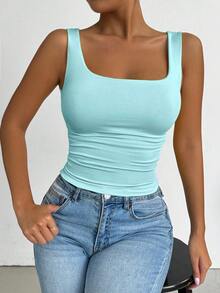 Elenzga Camiseta ajustada de cuello cuadrado de unicolor para mujer de talla grande - Azul - Ver 3